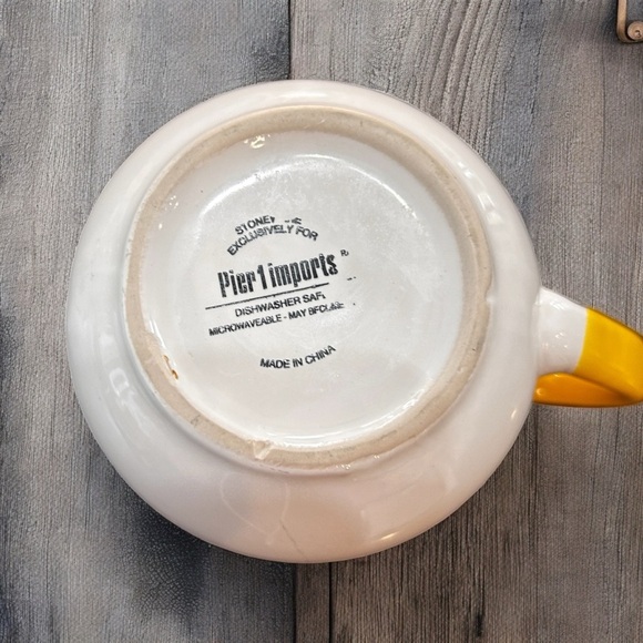 Pier 1 Import Happy Coffee Mug Tea Cup White Yellow Hand painted Stoneware - Picture 5 of 5